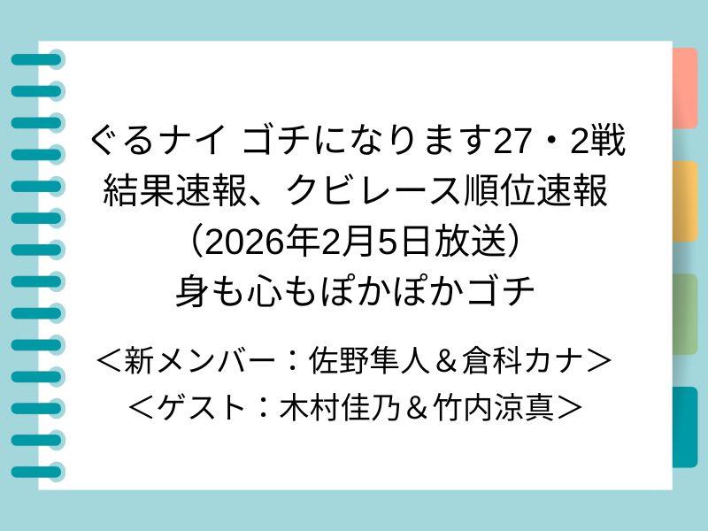 ぐるナイ ゴチになります27・2戦 結果速報、クビレース順位速報 （2026年2月5日放送） 身も心もぽかぽかゴチ