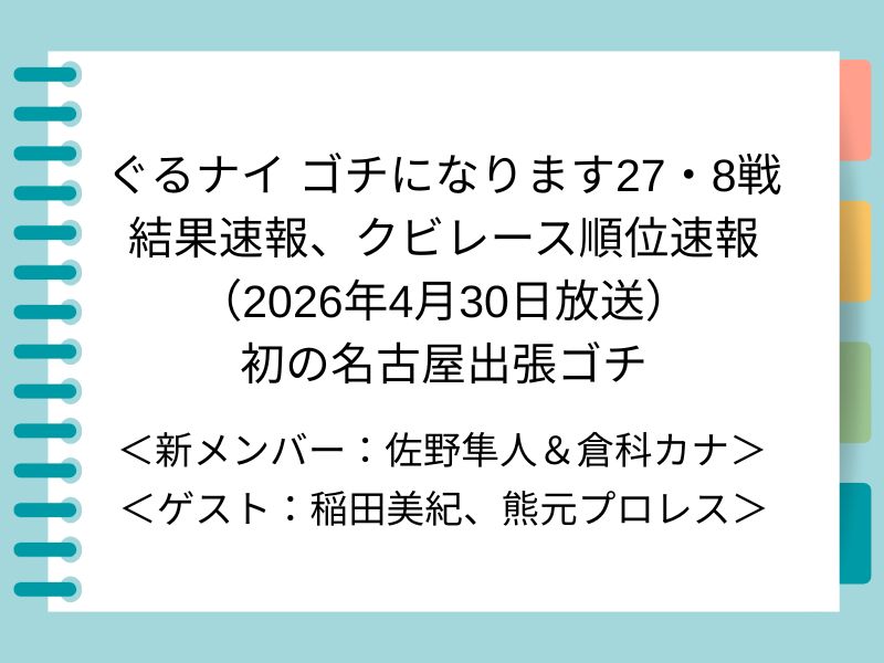 ぐるナイ ゴチになります27・8戦 結果速報、クビレース順位速報 （2026年4月30日放送） 初の名古屋出張ゴチ