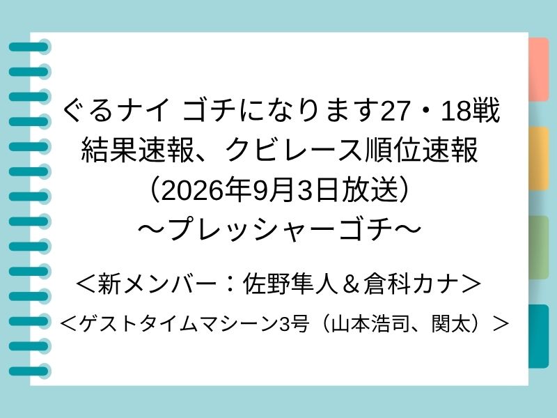 ぐるナイ ゴチになります27・18戦 結果速報、クビレース順位速報 （2026年9月3日放送） ～プレッシャーゴチ～